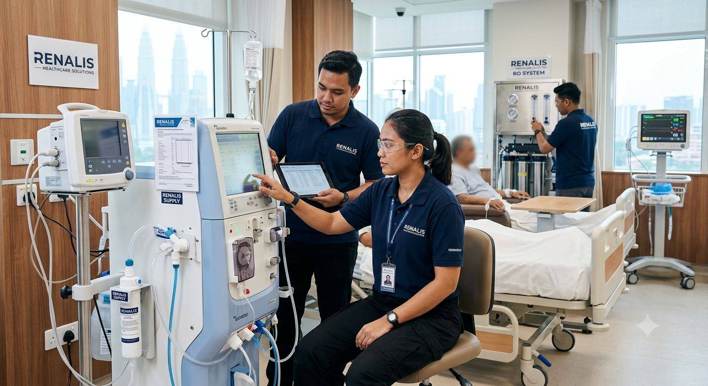 Renalis engineers servicing a haemodialysis machine and RO system in a clinical setting